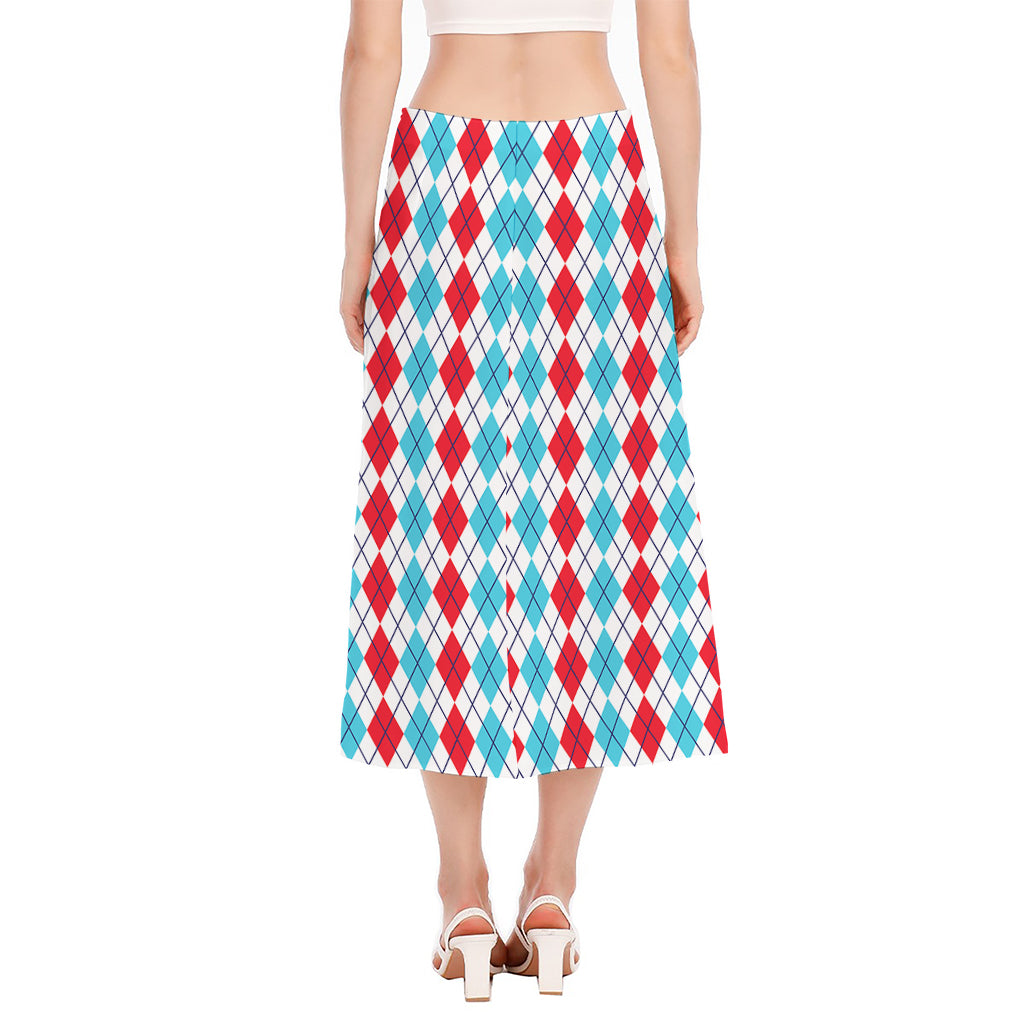 Red And Blue Argyle Pattern Print Side Slit Midi Skirt