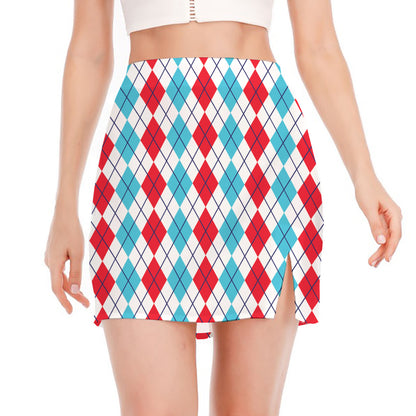 Red And Blue Argyle Pattern Print Side Slit Mini Skirt