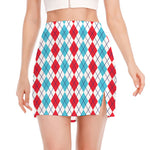 Red And Blue Argyle Pattern Print Side Slit Mini Skirt