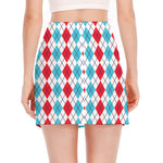 Red And Blue Argyle Pattern Print Side Slit Mini Skirt