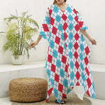 Red And Blue Argyle Pattern Print Silk V-Neck Kaftan Dress