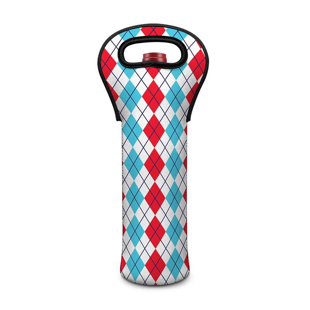 Red And Blue Argyle Pattern Print Single Neoprene Wine Tote