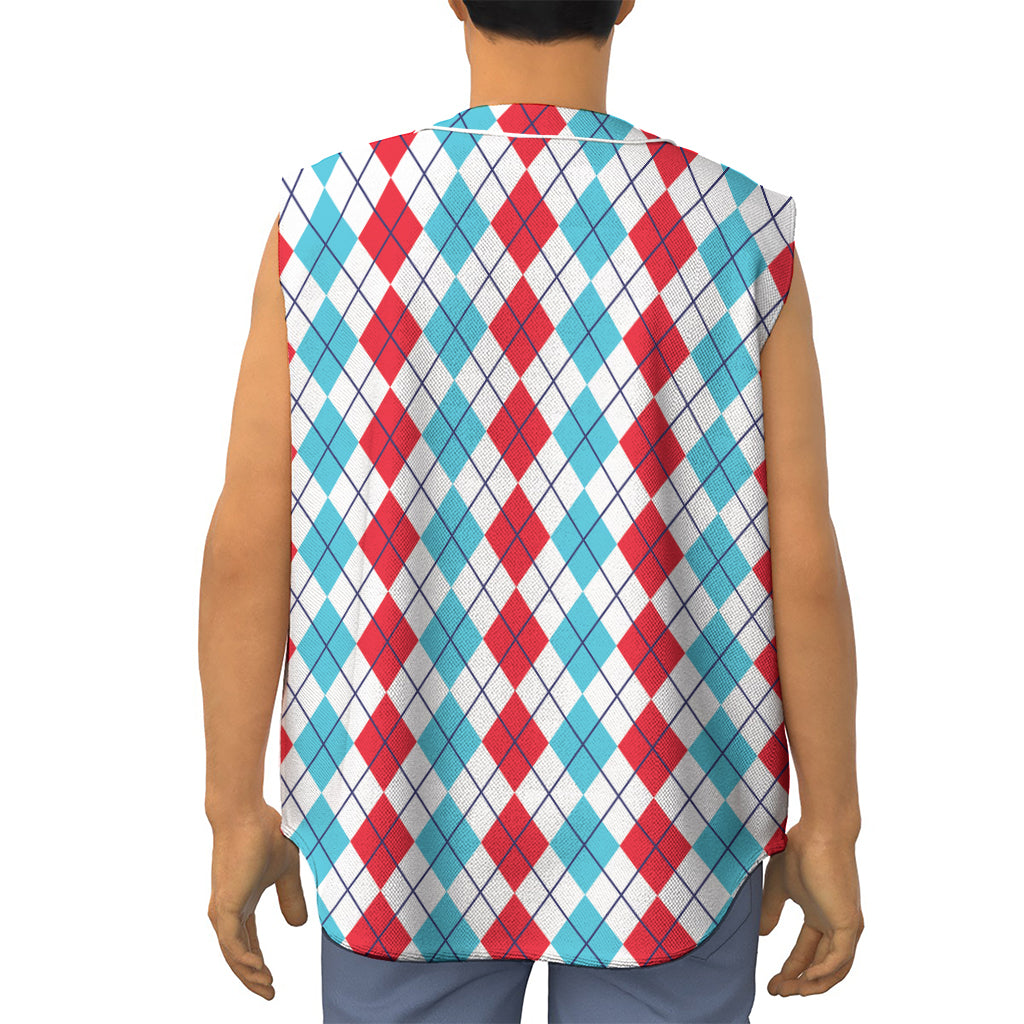 Red And Blue Argyle Pattern Print Sleeveless Baseball Jersey