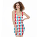 Red And Blue Argyle Pattern Print Sleeveless Bodycon Dress