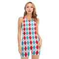 Red And Blue Argyle Pattern Print Sleeveless One Piece Swimsuit
