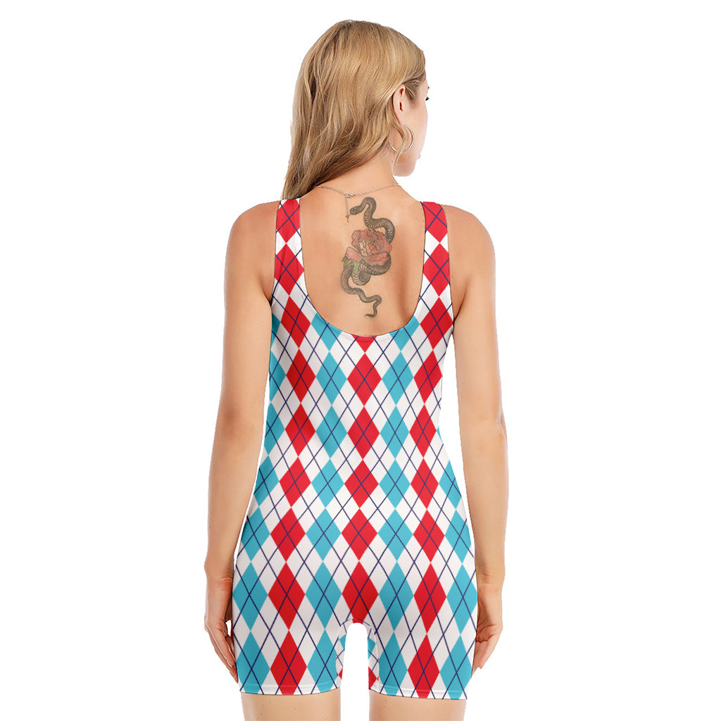 Red And Blue Argyle Pattern Print Sleeveless One Piece Swimsuit