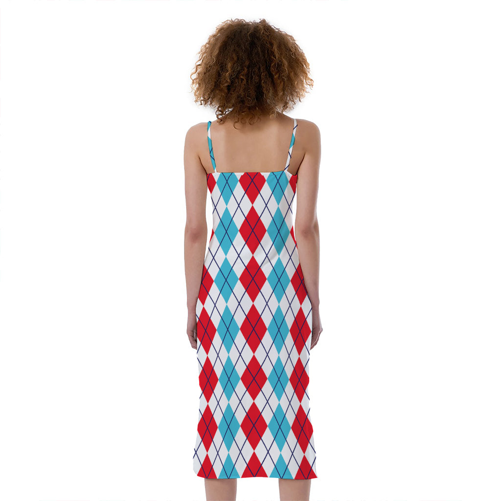 Red And Blue Argyle Pattern Print Slim Fit Midi Cami Dress