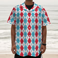 Red And Blue Argyle Pattern Print Textured Short Sleeve Shirt