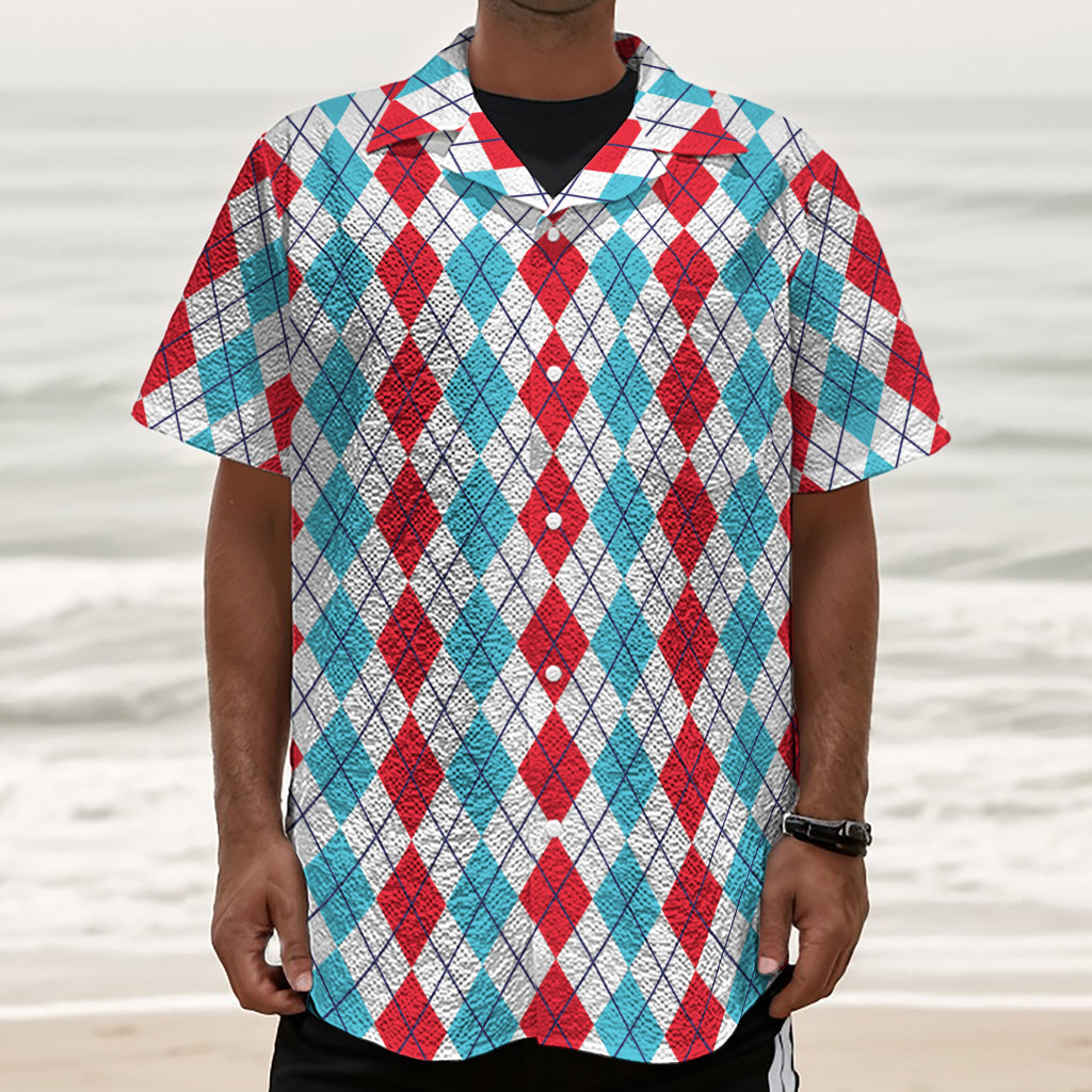 Red And Blue Argyle Pattern Print Textured Short Sleeve Shirt