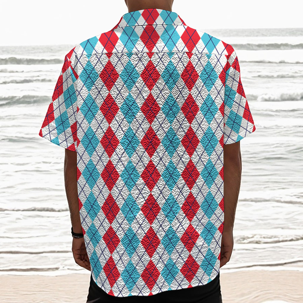 Red And Blue Argyle Pattern Print Textured Short Sleeve Shirt