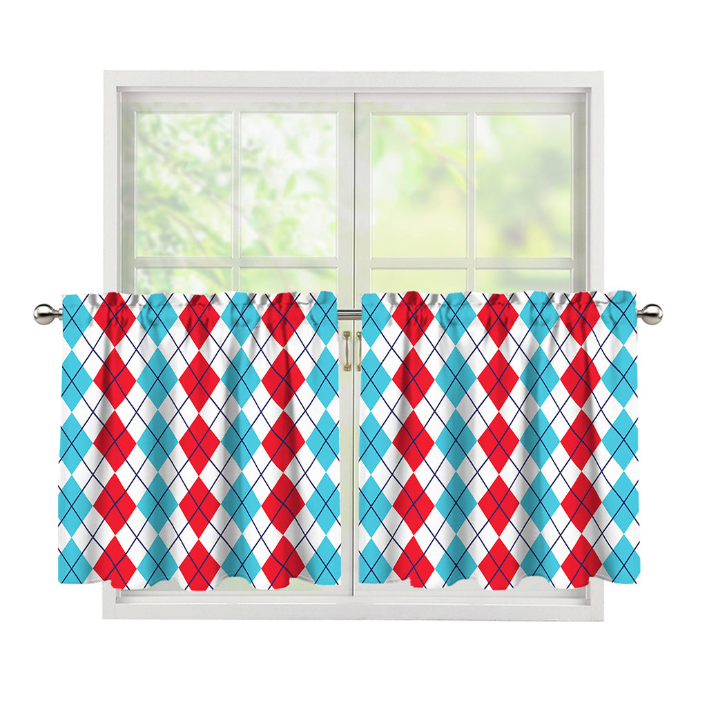 Red And Blue Argyle Pattern Print Tier Curtains