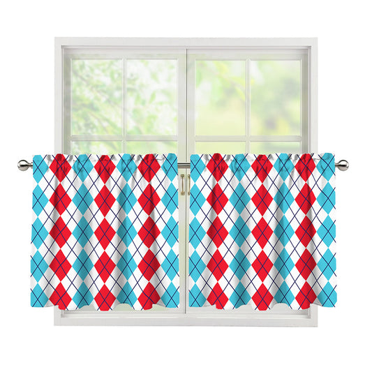 Red And Blue Argyle Pattern Print Tier Curtains