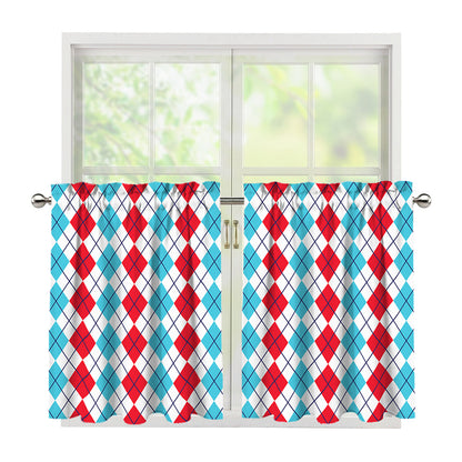 Red And Blue Argyle Pattern Print Tier Curtains