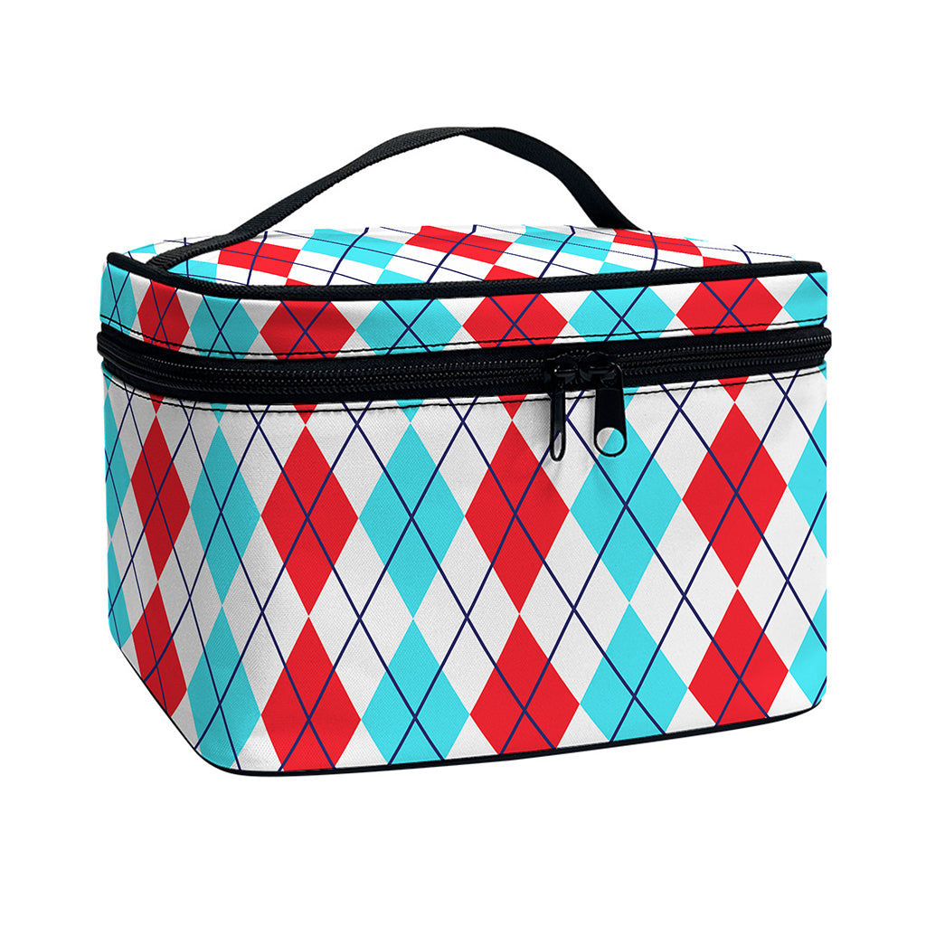 Red And Blue Argyle Pattern Print Travel Makeup Bag