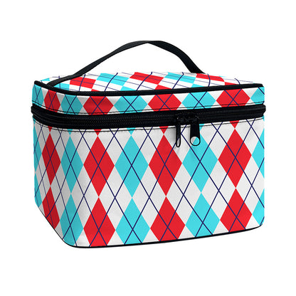 Red And Blue Argyle Pattern Print Travel Makeup Bag