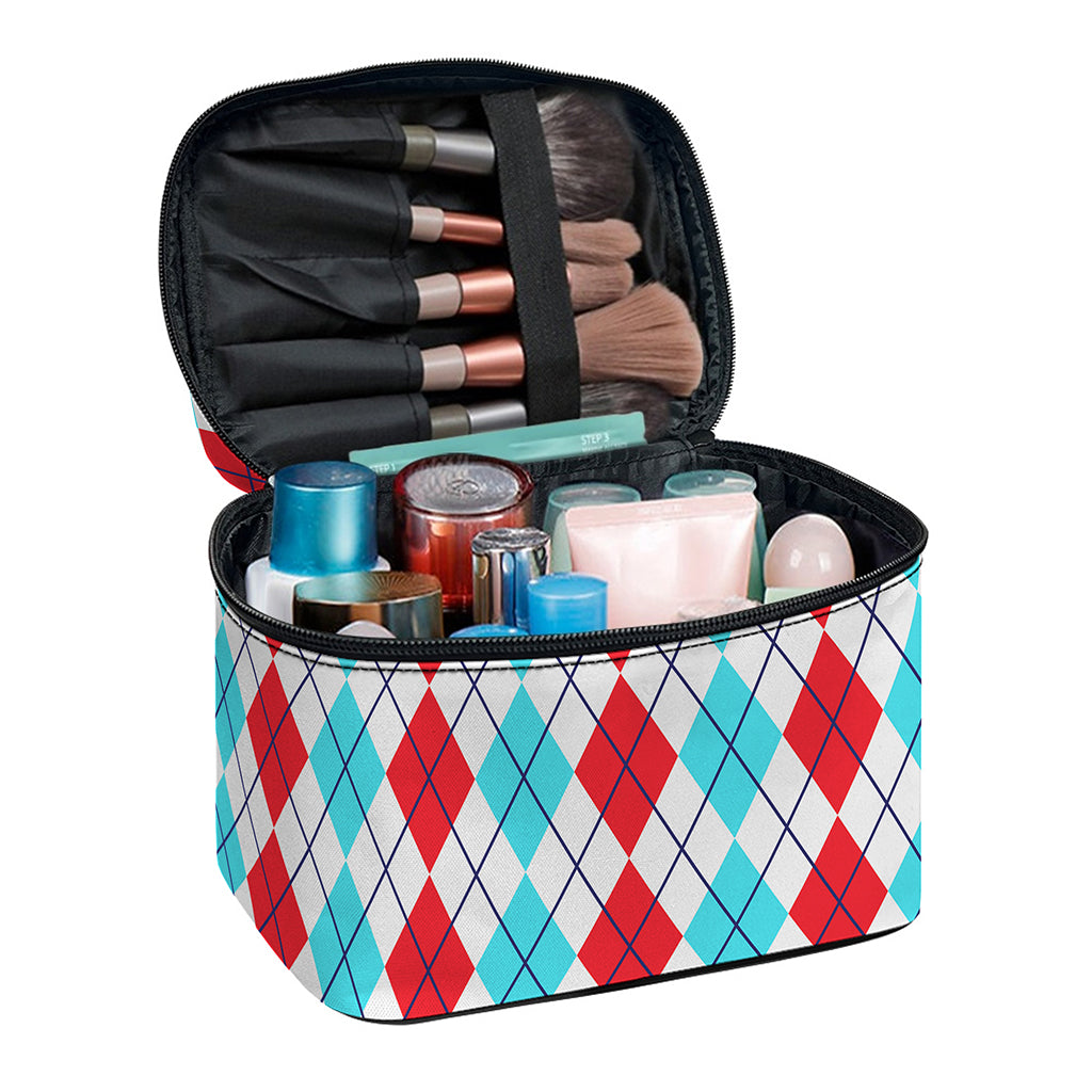 Red And Blue Argyle Pattern Print Travel Makeup Bag