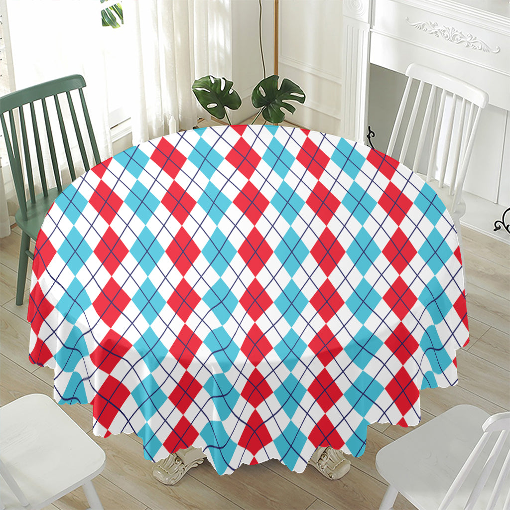 Red And Blue Argyle Pattern Print Waterproof Round Tablecloth