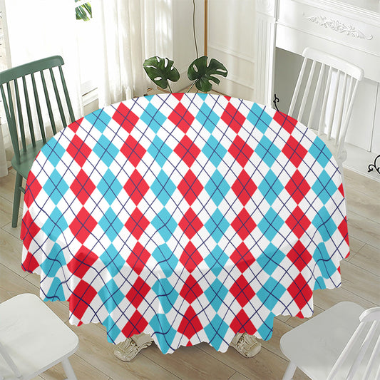 Red And Blue Argyle Pattern Print Waterproof Round Tablecloth