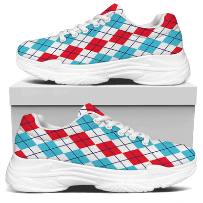 Red And Blue Argyle Pattern Print White Chunky Shoes