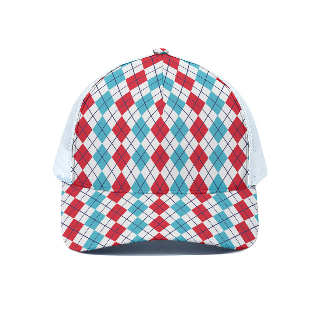 Red And Blue Argyle Pattern Print White Mesh Trucker Cap