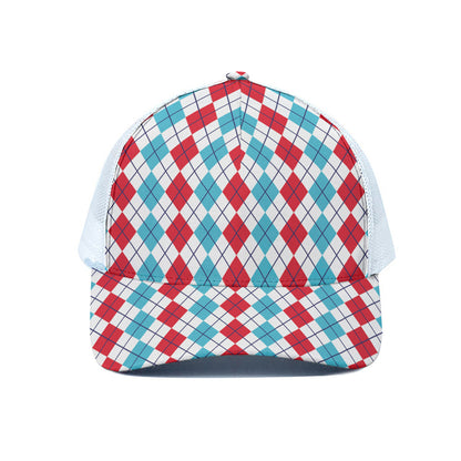 Red And Blue Argyle Pattern Print White Mesh Trucker Cap