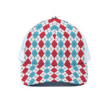 Red And Blue Argyle Pattern Print White Mesh Trucker Cap