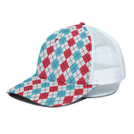 Red And Blue Argyle Pattern Print White Mesh Trucker Cap