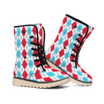 Red And Blue Argyle Pattern Print Winter Boots