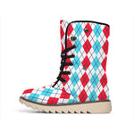 Red And Blue Argyle Pattern Print Winter Boots