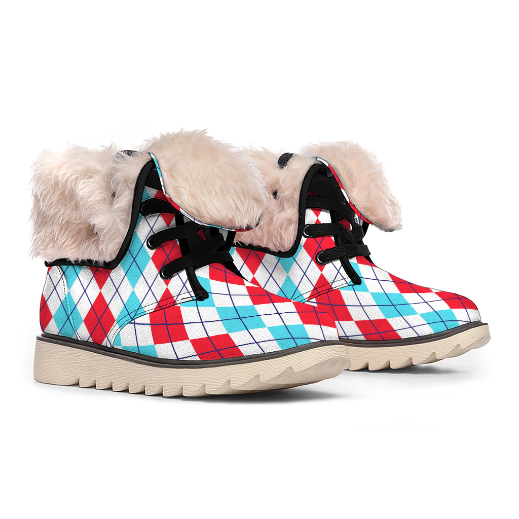 Red And Blue Argyle Pattern Print Winter Boots