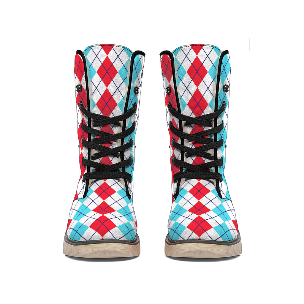 Red And Blue Argyle Pattern Print Winter Boots
