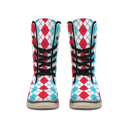 Red And Blue Argyle Pattern Print Winter Boots