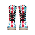 Red And Blue Argyle Pattern Print Winter Boots