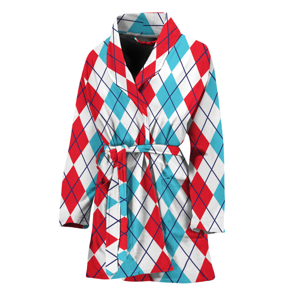 Red And Blue Argyle Pattern Print Women's Bathrobe