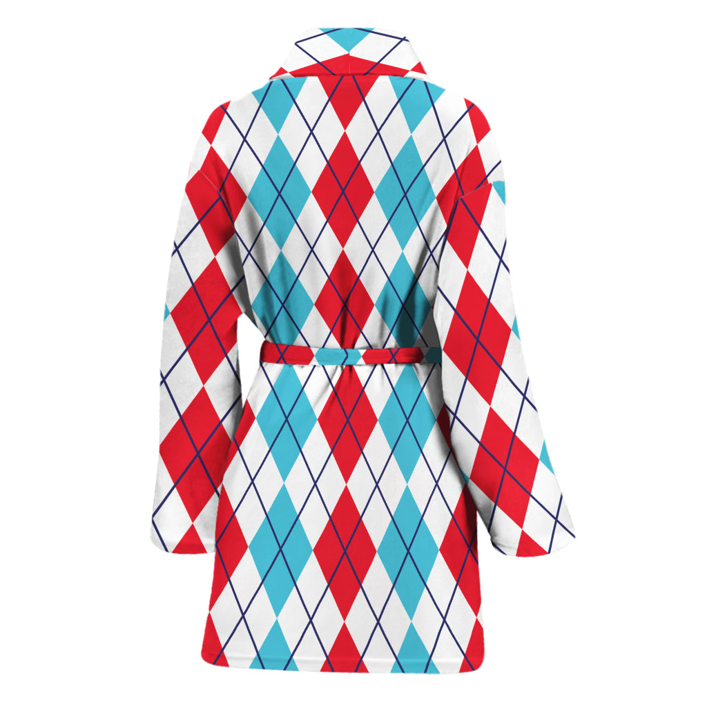 Red And Blue Argyle Pattern Print Women's Bathrobe