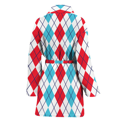 Red And Blue Argyle Pattern Print Women's Bathrobe