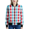 Red And Blue Argyle Pattern Print Women's Bomber Jacket