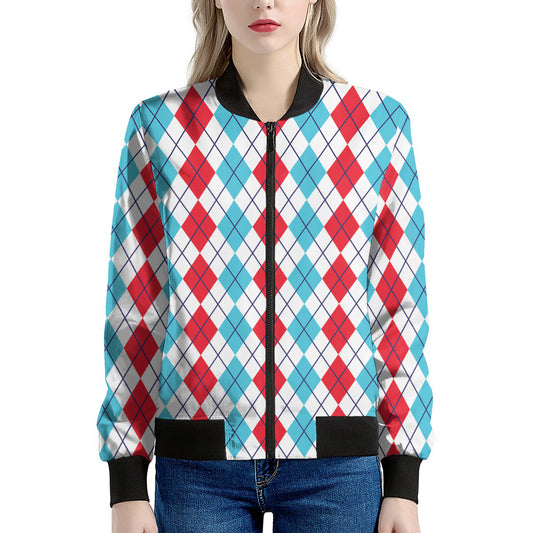 Red And Blue Argyle Pattern Print Women's Bomber Jacket