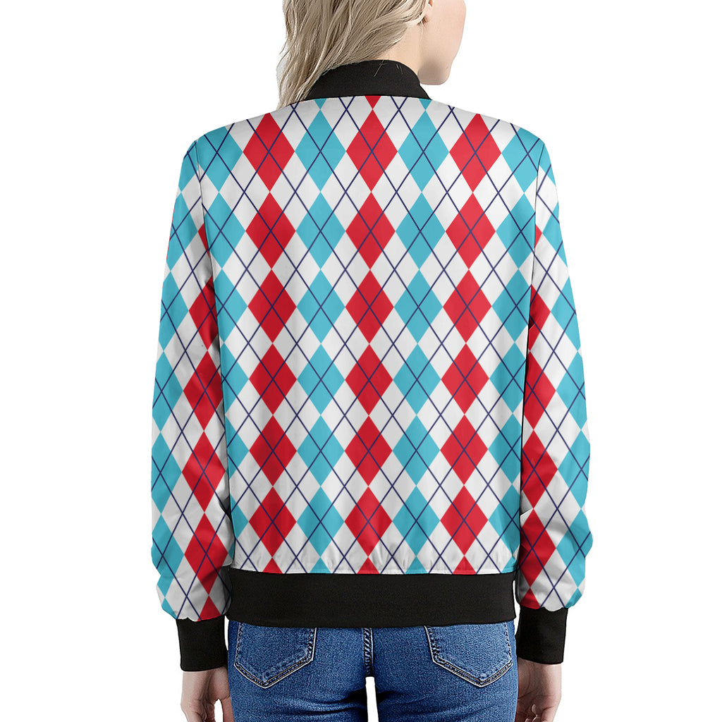 Red And Blue Argyle Pattern Print Women's Bomber Jacket