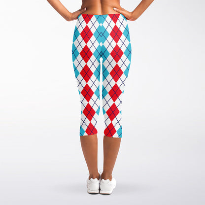 Red And Blue Argyle Pattern Print Women's Capri Leggings