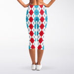 Red And Blue Argyle Pattern Print Women's Capri Leggings
