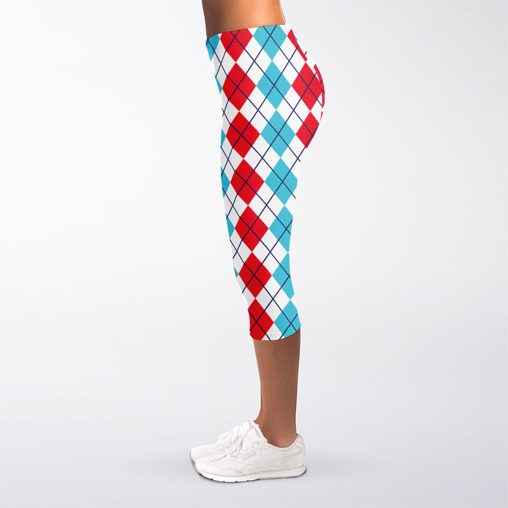 Red And Blue Argyle Pattern Print Women's Capri Leggings