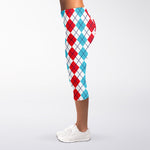 Red And Blue Argyle Pattern Print Women's Capri Leggings