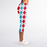Red And Blue Argyle Pattern Print Women's Capri Leggings