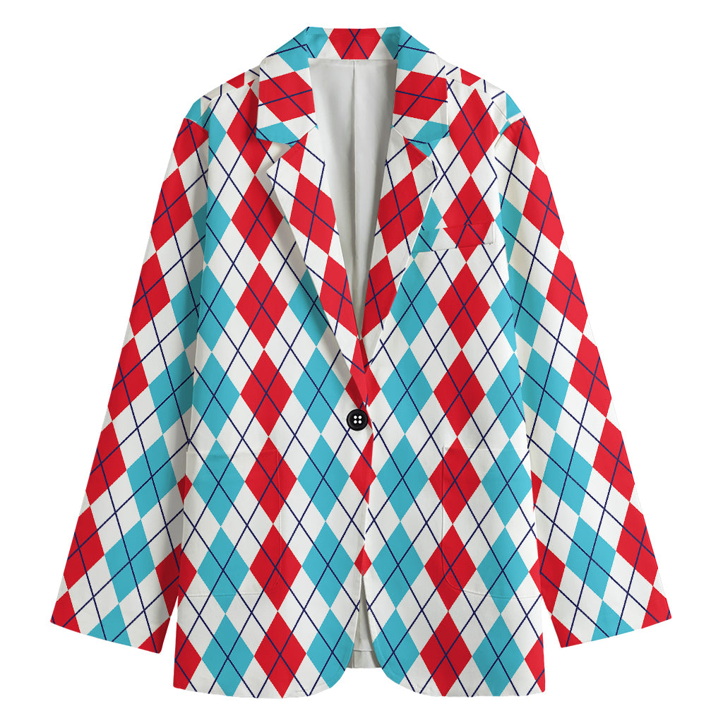 Red And Blue Argyle Pattern Print Women's Cotton Blazer