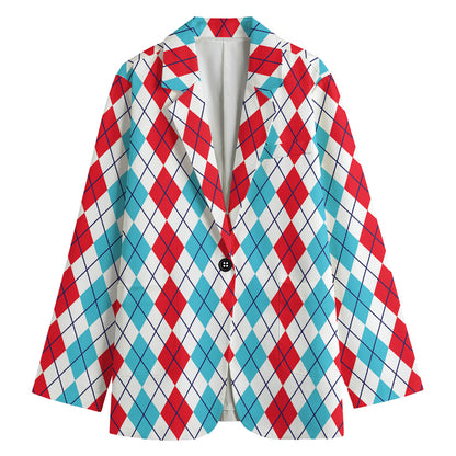 Red And Blue Argyle Pattern Print Women's Cotton Blazer
