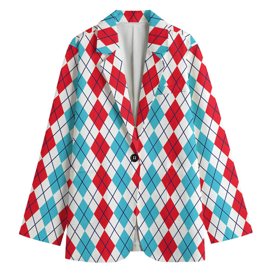 Red And Blue Argyle Pattern Print Women's Cotton Blazer