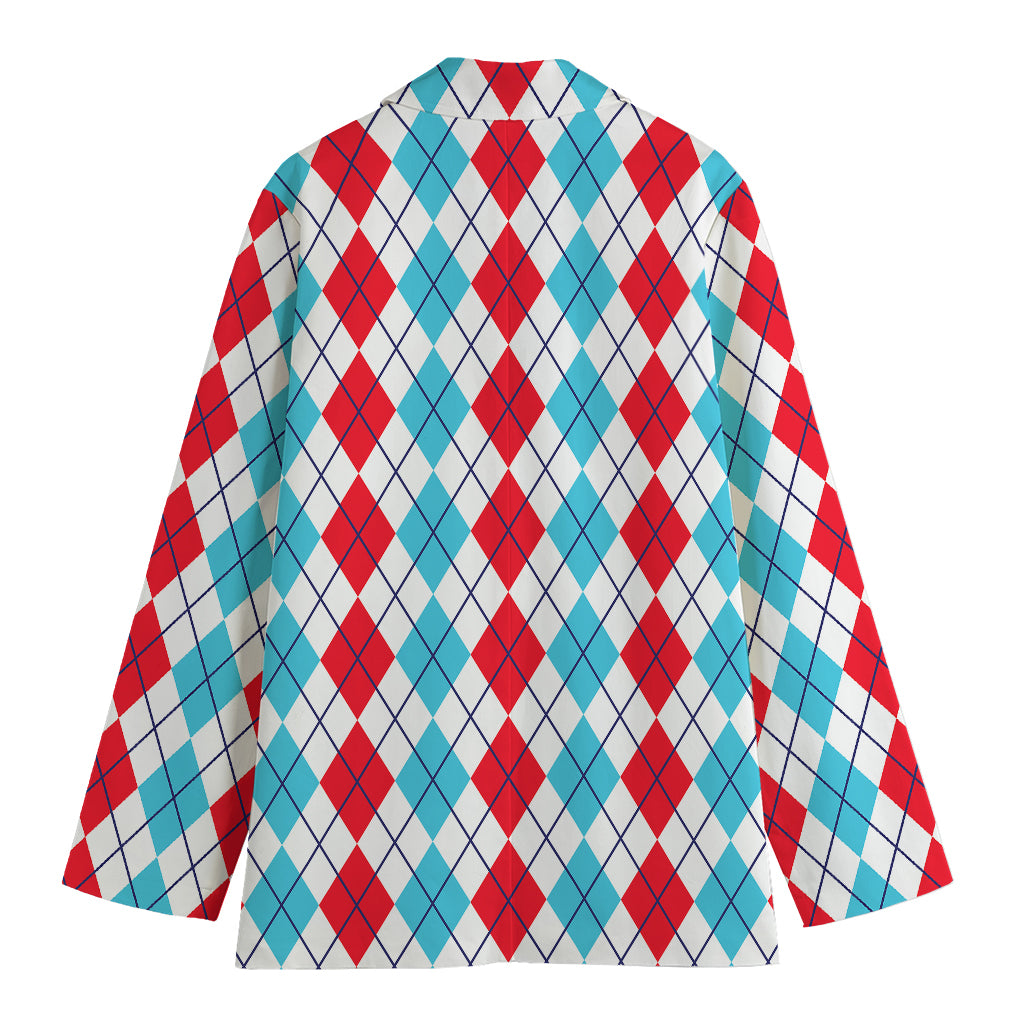 Red And Blue Argyle Pattern Print Women's Cotton Blazer