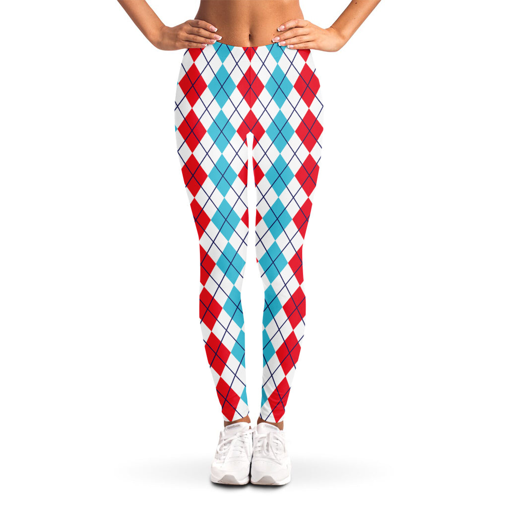 Red And Blue Argyle Pattern Print Women's Leggings