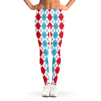 Red And Blue Argyle Pattern Print Women's Leggings